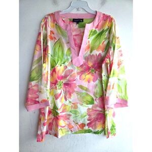 Jones New York Women Pink w/Multicolor Floral V-Neck Boxy Blouse size 1X